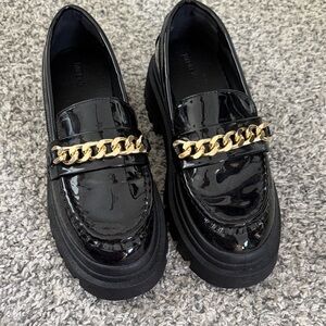Patent Black Chain-Trim Platform Loafers